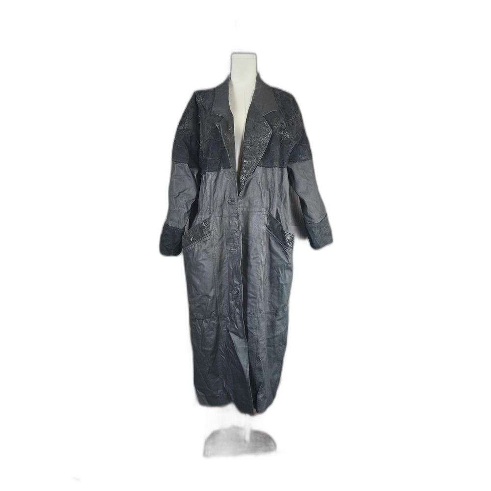 Chandler Hill Vintage Embosse Floral Detail Leather Trench Coat Size Large